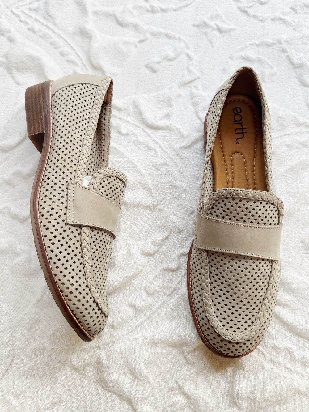 Earth Beige Perforated Slip-On Loafers Size 10 New